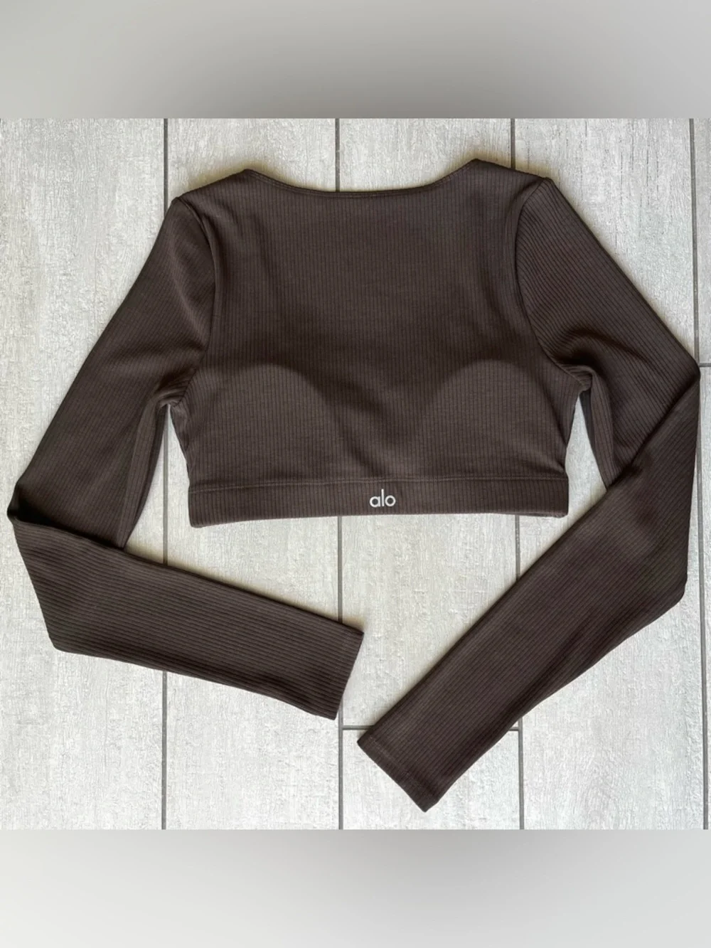 Alo Yoga Ribbed Defined Long Sleeve Bra in Espresso Brown Small Built In Bra
